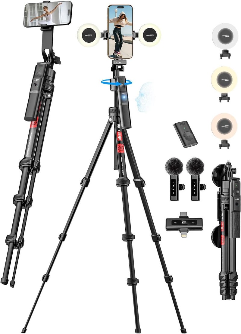 USKEYVISION Vlogging Kit w/Remote,YouTube Starter Kit,Auto Face Tracking Tripod for iPhone w/Light,Phone Stand for Video Recording,Camera Mount Tripod,Wireless Lavalier Microphone（R01 Pro Combo1） - Image 1